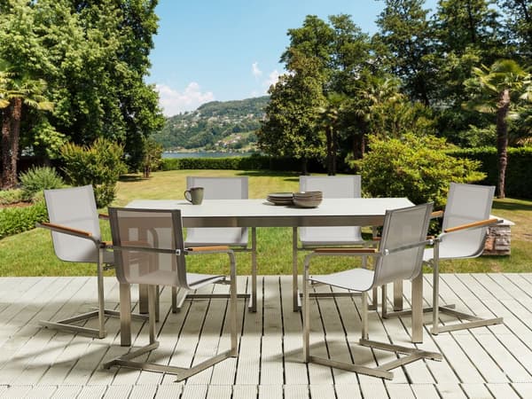 Trädgårdsgrupp Bordsskiva Vit Glas Rostfritt Stål Ram Beige Uppsättning 6 Stolar Textilene Modern Utomhus Stil