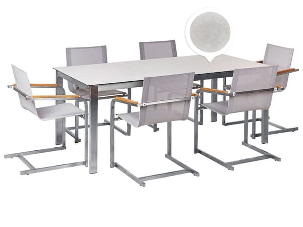 Trädgårdsgrupp Bordsskiva Vit Glas Rostfritt Stål Ram Beige Uppsättning 6 Stolar Textilene Modern Utomhus Stil