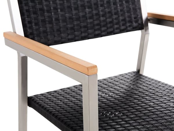 Trädgårdsgrupp Bordsskiva i svart graniteffekt Glasram i rostfritt stål Uppsättning med 6 stolar PE-sitsar i rotting Modern utomhusstil