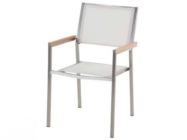 Matgrupp för trädgården Marmoreffekt Vit Bordsskiva Glas Rostfritt Stål Ram Vit 4 Stolar Textilene Modern Utomhusstil