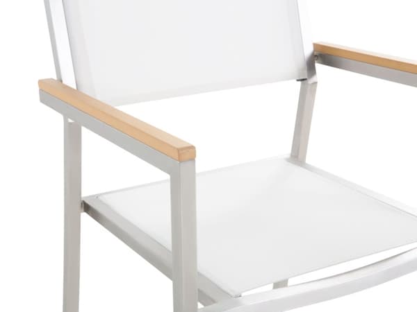 Matgrupp för trädgården Marmoreffekt Vit Bordsskiva Glas Rostfritt Stål Ram Vit 4 Stolar Textilene Modern Utomhusstil