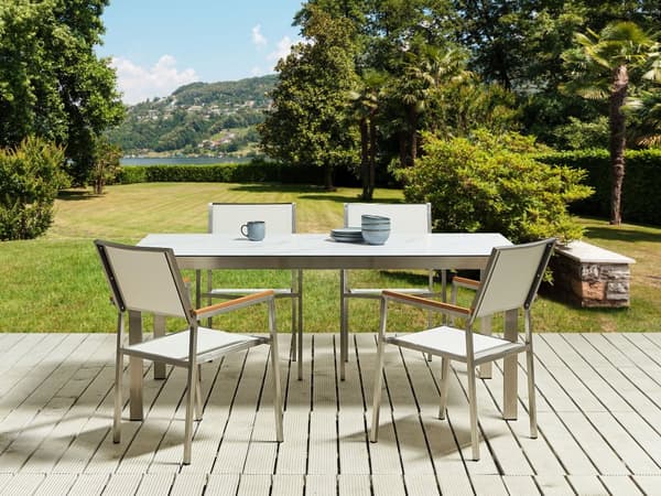 Matgrupp för trädgården Marmoreffekt Vit Bordsskiva Glas Rostfritt Stål Ram Vit 4 Stolar Textilene Modern Utomhusstil