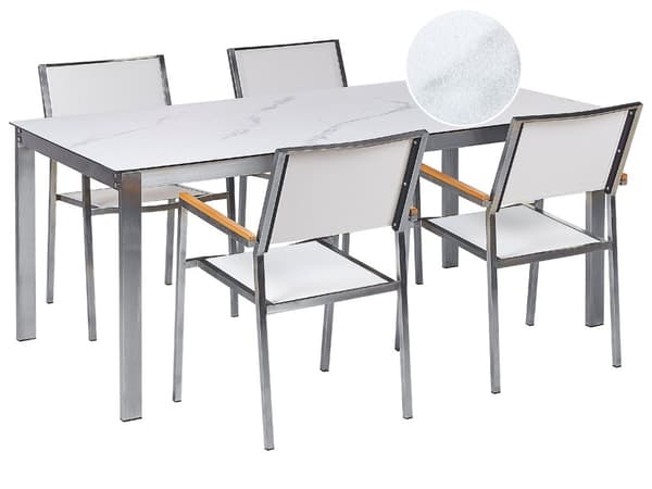 Matgrupp för trädgården Marmoreffekt Vit Bordsskiva Glas Rostfritt Stål Ram Vit 4 Stolar Textilene Modern Utomhusstil