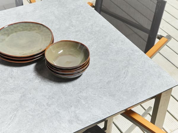 Trädgårdsbord Grå Bordsskiva Glas Rostfritt Stål Ram Grå Set med 6 Stolar Textilene Modern Utomhus Stil