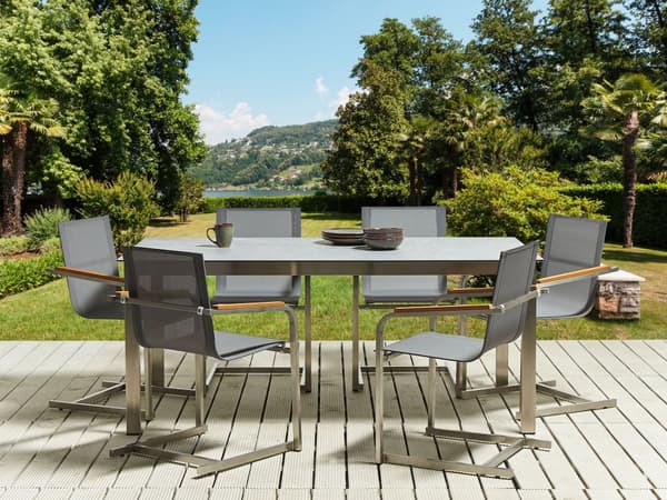 Trädgårdsbord Grå Bordsskiva Glas Rostfritt Stål Ram Grå Set med 6 Stolar Textilene Modern Utomhus Stil