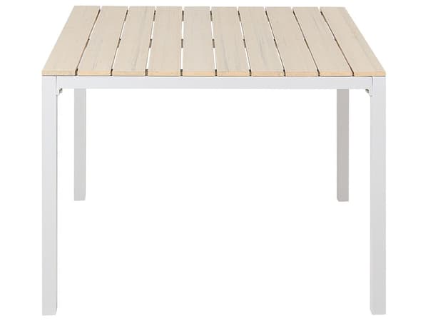 Ulkoruokailuryhmä beige muovipuu alumiini neljälle pinottavat tuolit pöytä moderni tyyli