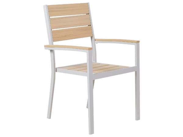 Ulkoruokailuryhmä beige muovipuu alumiini neljälle pinottavat tuolit pöytä moderni tyyli