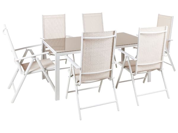 Trädgårdsgrupp 7 delar Beige pulverlackerad ram Aluminium och Textilene Matbord med 6 hopfällbara stolar Modern Design