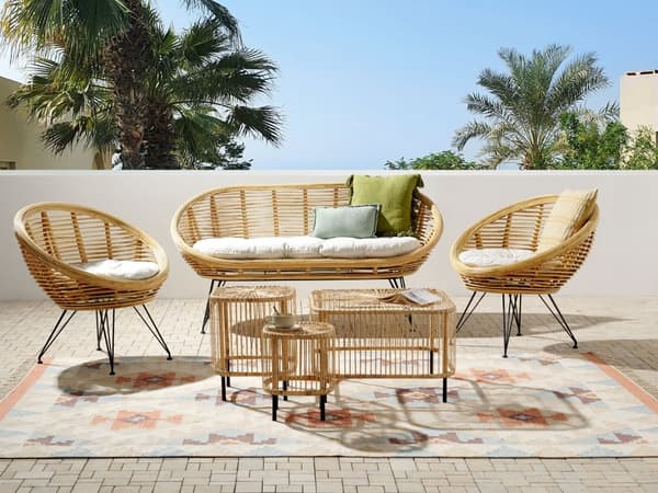4-seters sofasett Rotting Lys beige 2-seters sofa 2 stoler 3 bord Sitteputer i bomull Bohemsk stil Hagemøbler Terrasse Balkong Sofagruppe