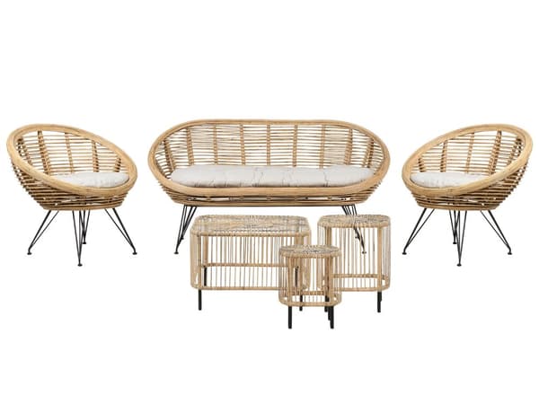 4-seters sofasett Rotting Lys beige 2-seters sofa 2 stoler 3 bord Sitteputer i bomull Bohemsk stil Hagemøbler Terrasse Balkong Sofagruppe
