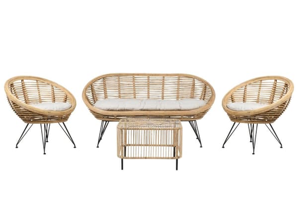 4-seters sofasett med salongbord Naturlig rotting Lys beige bomullspute Medium Resistance Innendørs Utendørs Boho-stil Hage Terrasse Balkong