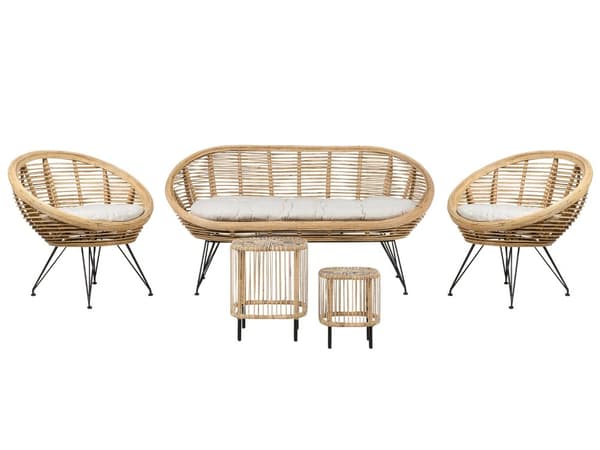 4-seters sofasett Rotting Lys beige 2-seters sofa 2 stoler 2 bord Sitteputer i bomull Bohemsk stil Hagemøbler Terrasse Balkong Sofagruppe