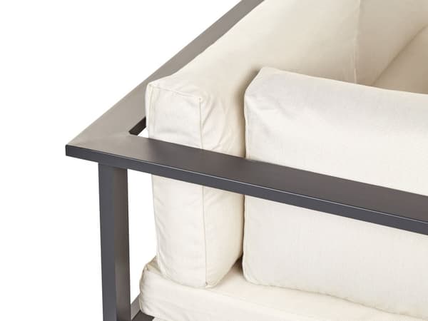 5-seters hjørnesofasett til hagen Svart metallramme Beige puter Sofabord med lameller Moderne skandinavisk uteserveringssett