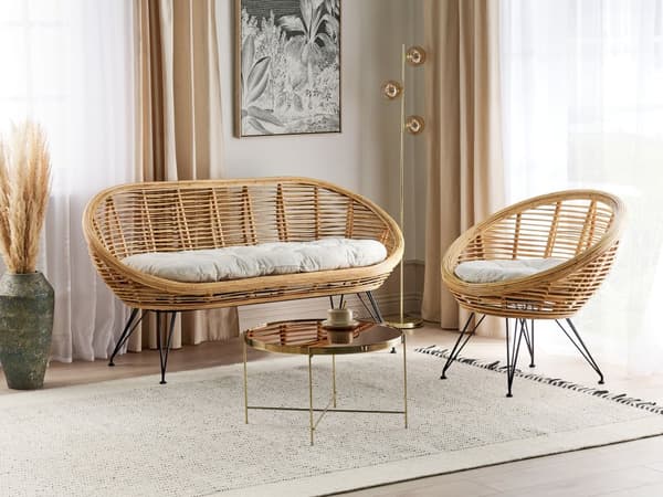 3-seters sofasett Naturlig rotting Lys beige bomullspute Medium Resistance Innendørs Utendørs Boho-stil Hage uteplass Balkong