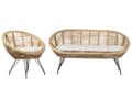Miniatyrbilde 1 av 11: 3-seters sofasett Naturlig rotting Lys beige bomullspute Medium Resistance Innendørs Utendørs Boho-stil Hage uteplass Balkong
