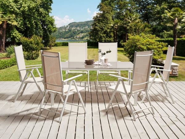 7-delt hagespisesett Beige pulverlakkert aluminiumsramme og spisebord i textilene med 6 sammenleggbare stoler Moderne design
