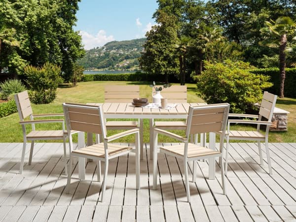 7-delt Hagespisesett Lyst Plasttre og hvitt aluminium 6 stoler Rustbestandig UV-bestandig