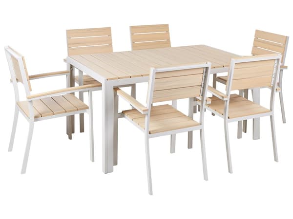 7-delt Hagespisesett Lyst Plasttre og hvitt aluminium 6 stoler Rustbestandig UV-bestandig