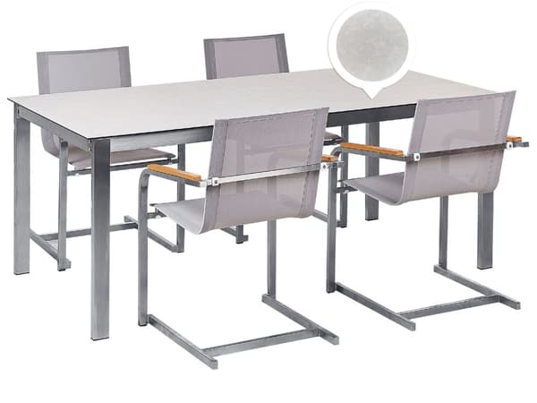 Hagespisesett Hvit bordplate Glass Ramme i rustfritt stål Beige Sett med 4 stoler Textilene Moderne utendørsstil