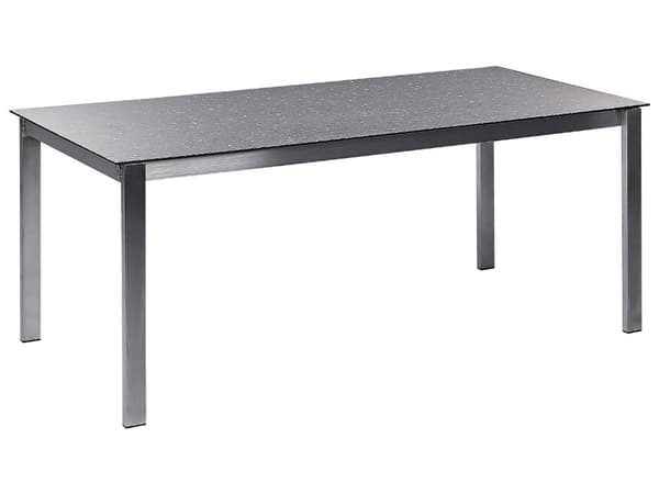 Hagespisesett Svart bordplate i granitteffekt Glassramme i rustfritt stål Sett med 6 stoler PE-rottingseter Moderne utendørsstil