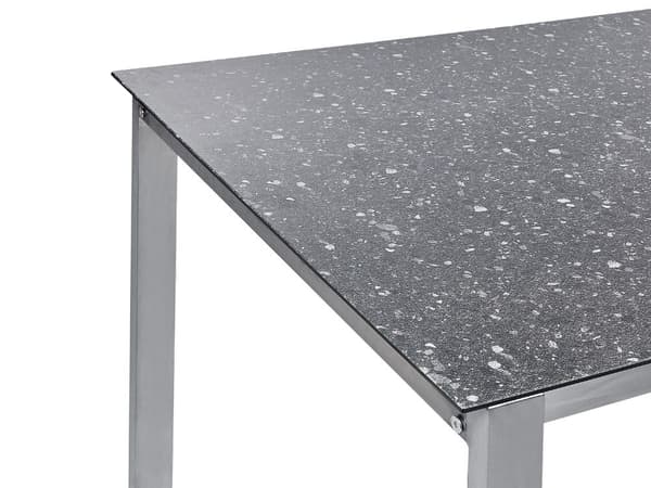 Hagespisesett Svart bordplate i granitteffekt Glassramme i rustfritt stål Sett med 6 stoler PE-rottingseter Moderne utendørsstil