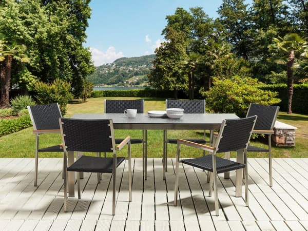 Hagespisesett Svart bordplate i granitteffekt Glassramme i rustfritt stål Sett med 6 stoler PE-rottingseter Moderne utendørsstil
