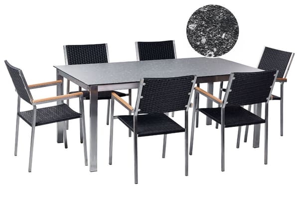 Hagespisesett Svart bordplate i granitteffekt Glassramme i rustfritt stål Sett med 6 stoler PE-rottingseter Moderne utendørsstil