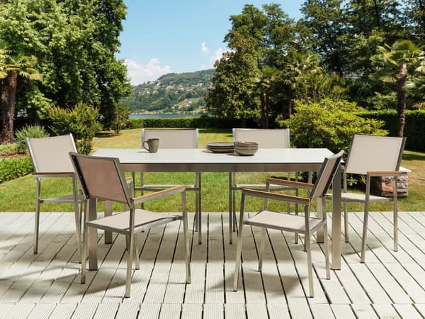 Hagespisesett Hvit bordplate Glass Rustfritt stål Ramme Beige Sett med 6 stoler Textilene Moderne utendørs stil