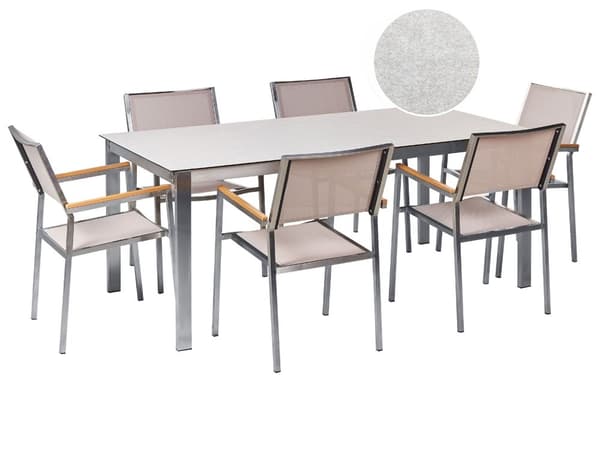 Hagespisesett Hvit bordplate Glass Rustfritt stål Ramme Beige Sett med 6 stoler Textilene Moderne utendørs stil
