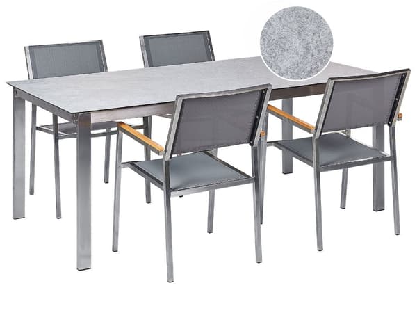 Hagespisesett Grå bordplate Glass Rustfritt stål Ramme Grå Sett med 4 stoler Textilene Moderne utendørsstil