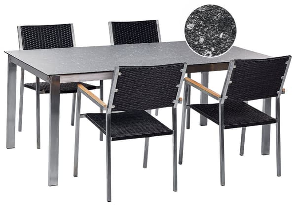 Hagespisesett Svart bordplate i granitteffekt Glassramme i rustfritt stål Sett med 4 stoler PE-rottingseter Moderne utendørsstil