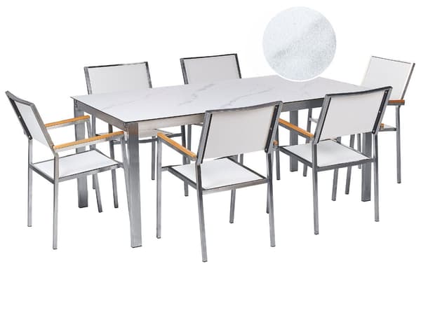 Hagespisesett Marmoreffekt Hvit bordplate Glass Rustfritt stål Ramme Hvit Sett med 6 stoler Textilene Moderne utendørsstil