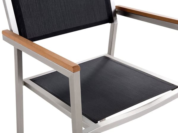 Hagespisesett Svart bordplate i granitteffekt Glassramme i rustfritt stål Sett med 6 stoler Textilene Moderne utestil