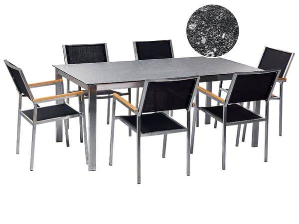 Hagespisesett Svart bordplate i granitteffekt Glassramme i rustfritt stål Sett med 6 stoler Textilene Moderne utestil