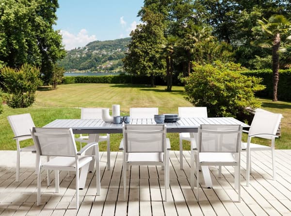 9-delt spisesett hvitt med grått bord og 6 stoler Hage Terrasse