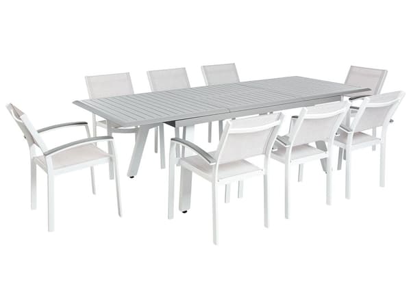 Havestole Grå Hvid Aluminium Træplast 175/255 x 100 cm 6 Personers Udendørs Stabelstole Vedligeholdelsesfri Nonwood Havemøbler Sæt Havebord