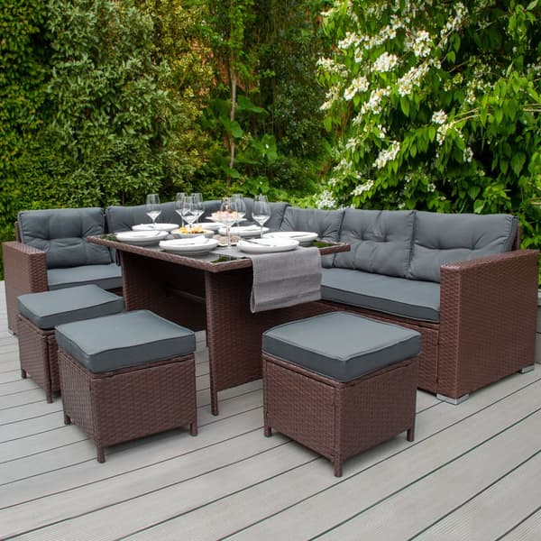 Rattan Corner Sofa & Furniture Cushion Storage Box 9-Seater L-shaped Sofa Stools Glass Table Furniture 582L Outdoor Waterproof Carry Bag & Rain Cover