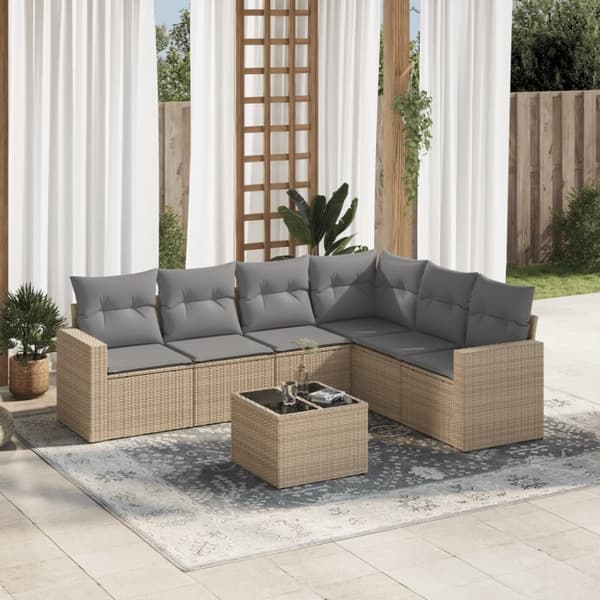 vidaXL sofasæt til haven 7 dele med hynder polyrattan beige
