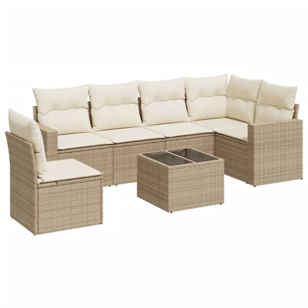 vidaXL Matgrupp för trädgården med dynor 7 delar beige konstrotting