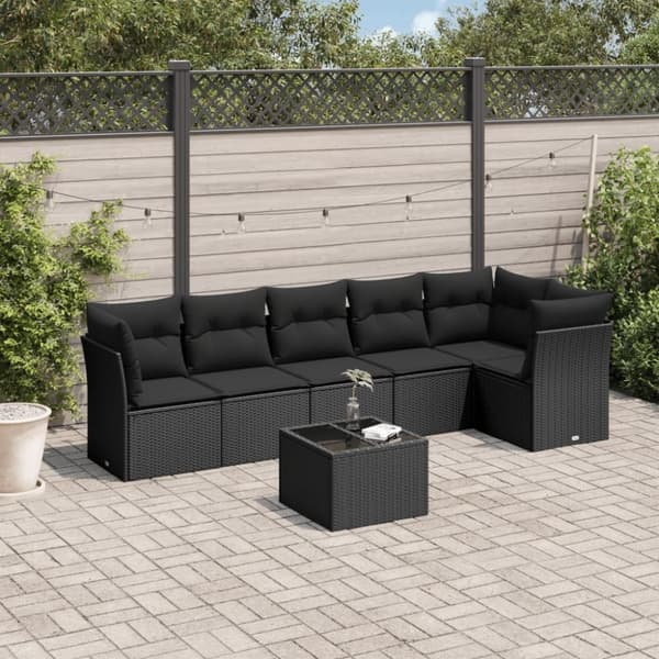 vidaXL sofasæt til haven 7 dele med hynder polyrattan sort