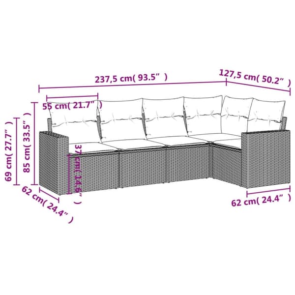 vidaXL sofasæt 5 dele med hynder polyrattan grå