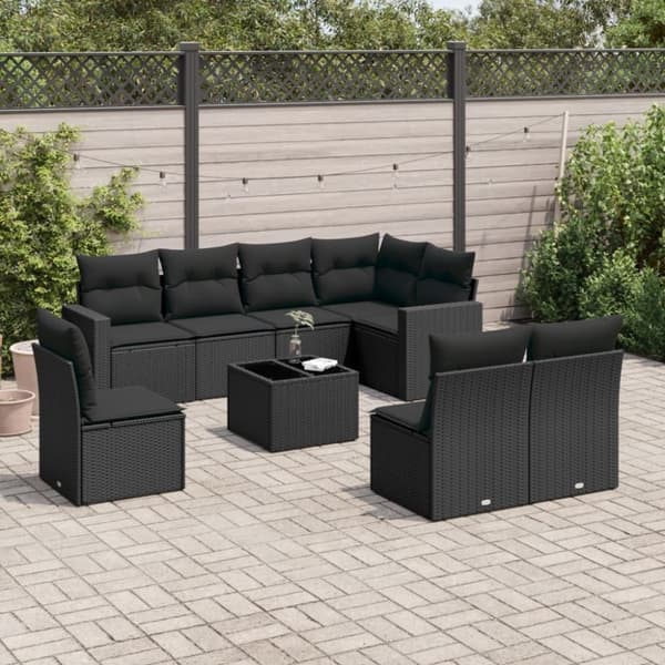 vidaXL sofasæt til haven 9 dele med hynder polyrattan sort