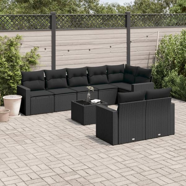 vidaXL sofasæt til haven 9 dele med hynder polyrattan sort