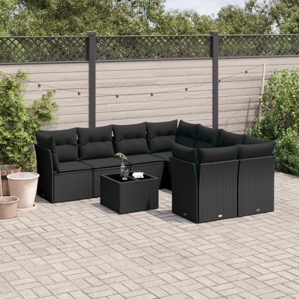 vidaXL sofasæt til haven 9 dele med hynder polyrattan sort