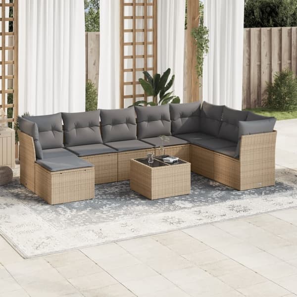 vidaXL Soffgrupp för trädgården med dynor 9 delar beige konstrotting