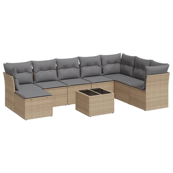 vidaXL Soffgrupp för trädgården med dynor 9 delar beige konstrotting