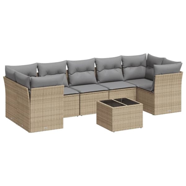 vidaXL Matgrupp för trädgården med dynor 8 delar beige konstrotting
