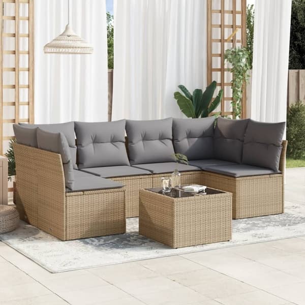vidaXL sofasæt til haven 7 dele med hynder polyrattan beige