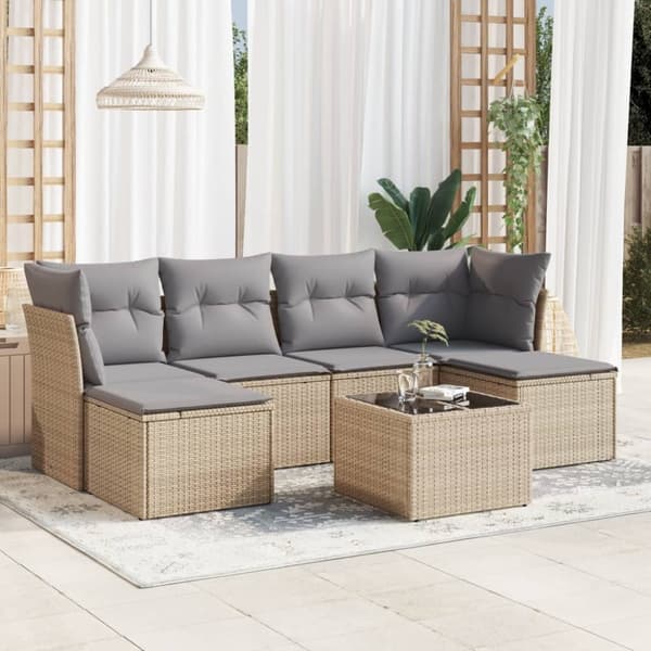 vidaXL sofasæt til haven 7 dele med hynder polyrattan beige
