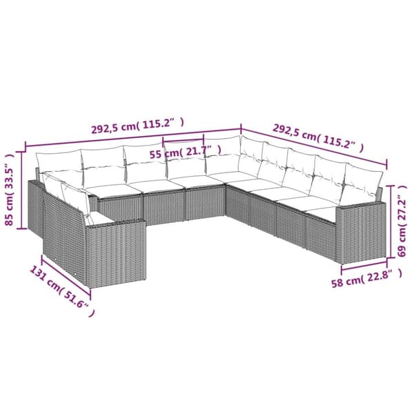 vidaXL sofasæt til haven 11 dele med hynder polyrattan beige